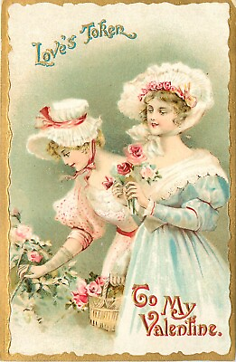 #ad Gottschalk Embossed Valentine Postcard 2017 Lovely Victorian Ladies pick Roses