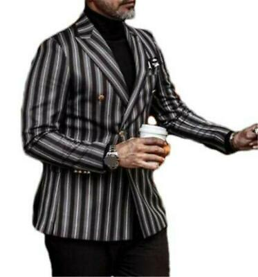 #ad Mens Blazer Boy Jacket One Button Coat Stripe Pattern Business Outwear Slim New