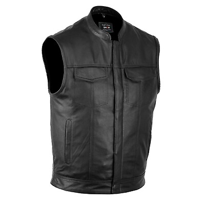 DEFY™ SOA Men#x27;s Motorcycle Club Leather Vest Concealed Carry Arms Solid Back