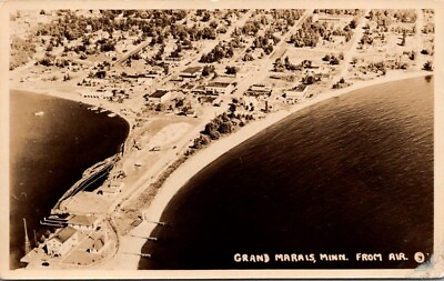 #ad Vintage RPPC Postcard Grand Marais MN From Air Shore Harbor Real Photo c1945