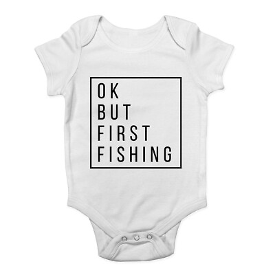 #ad Ok but First Fishing Baby Grow Vest Bodysuit Boys Girls