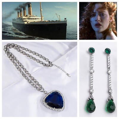 Titanic Heart of The Ocean Necklace amp; Earring Set with Blue amp; Green Crystals 18”