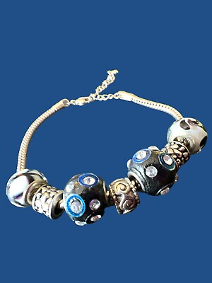 #ad Silver Charm Beads Blue Black and White Bracelet