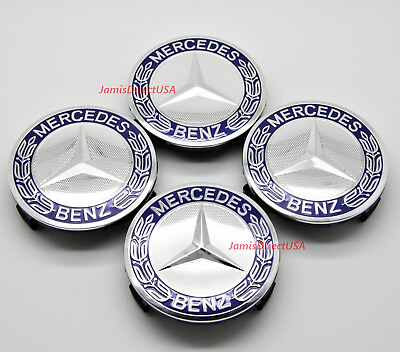 #ad Set of 4 Mercedes Benz Dark Blue Chrome Rim Center Hub Wheel Caps Cover 75mm AMG
