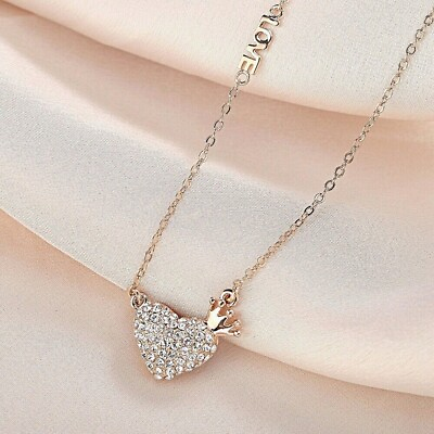 18K Rose Gold Filled Made With SWAROVSKI Crystal Princess Crown Heart Necklace
