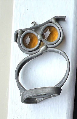 Vintage Stained Glass Sun Catcher Window Lead Metal Bird Owl Orange Prism Eyes