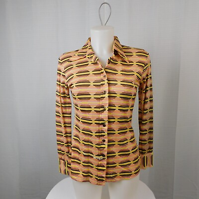 #ad Vintage 70s Cheri Amour Geometric Stripe Button Up Brown Yellow Large #56