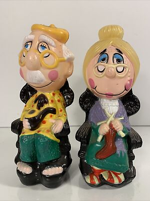 #ad Vintage coin Banks pair old man and woman plastic 1960#x27;s 10 Inch