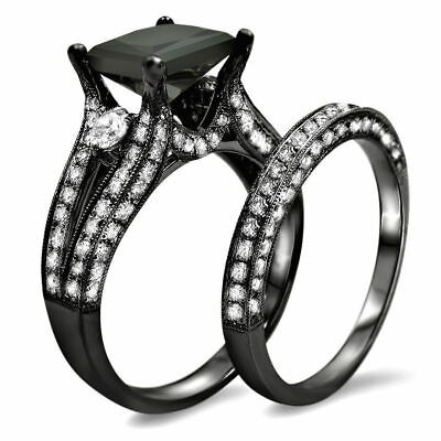 #ad 3.34 Ct Lab Created Black Princess Diamond Engagement Bridal Set Silver New Ring