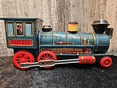 #ad Vintage Antique Trade Mark Modern Toys Litho Tin Western Toy Train Engine