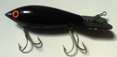 #ad Vintage Fishing Lure Black w Orange Eyes Plastic Tackle Bait 4 1 4quot;