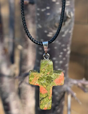 #ad Pink Green Unakite Carved Stone Cross Pendant Necklace Chakras Crystal Healing