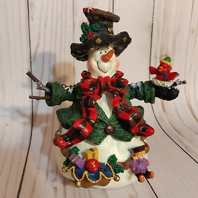 #ad Winter Snowman Resin Figure w Scarf Hat Bird. Christmas