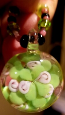 #ad Artisan Lampwork Green Art Glass w Pink Flower Pendant