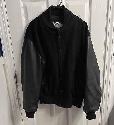 #ad Vintage Delong Varsity Jacket Mens Large Black Wool Faux Leather Classic Pockets