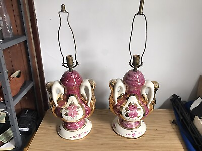Antique set of 2 Gold Purple Oriental Rose Floral Vintage lamps