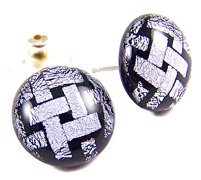 #ad DICHROIC Glass Earrings Gray Silver Black Weave Patterned Post 1 2quot; 12mm STUDS