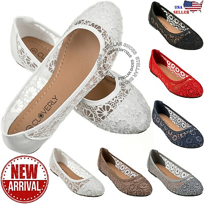 #ad NEW CLOVERLAY Women#x27;s Lace Flats Crochet Ballet Slip On Ballerina Shoes