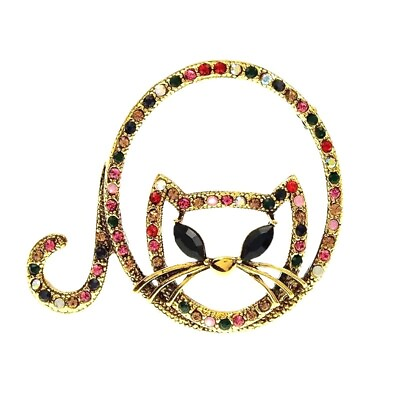 Fat Kitty Cat Art Rhinestone Blingy Brooch Pin Jewelry Gold Tone