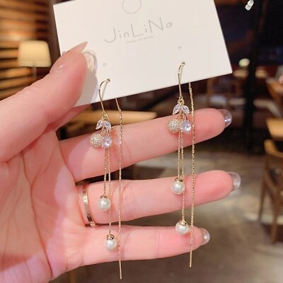 #ad Fashion Cherry Leaf Pearl Crystal Tassel Earrings Line Women Drop Dangle Jewelry
