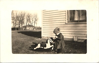 #ad #ad CHILD WITH TOY ROCKING HORSE original real photo postcard rppc c1920