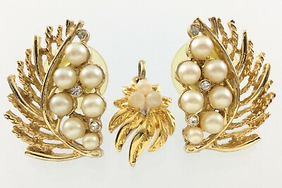 #ad Sarah Co Vintage Gold Tone Imitation Pearl Earrings Pendant Set Leaf Shape W467