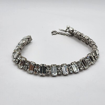 #ad Vintage Rhinestone Bracelet Silver Tone 7quot;