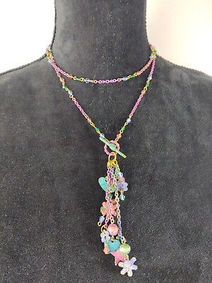 #ad Vintage Women#x27;s Necklace Chain Link Glitter Pink Blue Green Heart Flower Charms