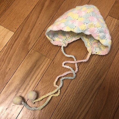 #ad Vintage Homemade Knit Baby Bonnet Sz 6 9 Mos Multicolor Pastel