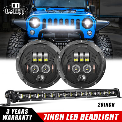 #ad Pair 7Inch LED Headlights RED HALO For Jeep Wrangler JK TJ CJ LJ 20#x27;#x27; Light bar