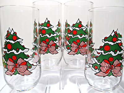 Set of 4 Christmas Tree Highball Tumblers with Candy cane Stripe Bows Luminarc