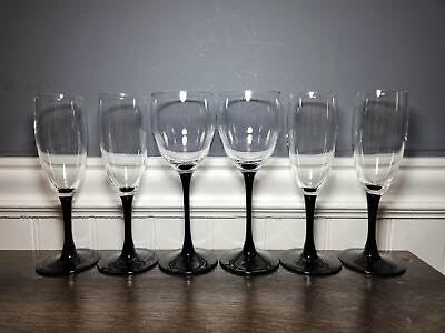 #ad #ad Vintage Lot of 6 Luminarc France Domino Flute Wine Glasses 6oz Black Stem
