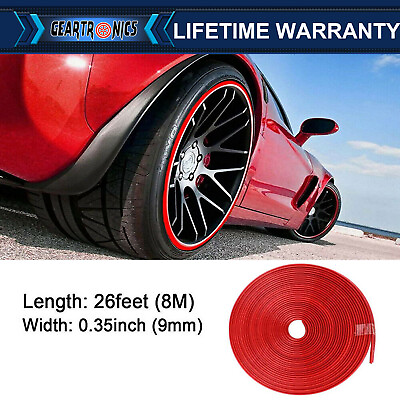 #ad Car Wheel Hub Rim Trim Tire Ring Guard Rubber Strip Protector Sticker 26FT Red