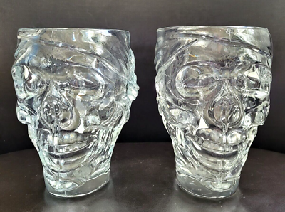 #ad #ad Set 2 LUMINARC USA 32oz Pirates Skull Clear Glass Mug Halloween Treasure Island