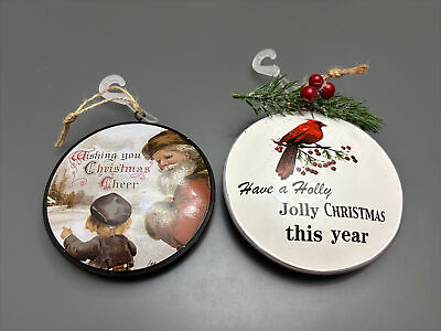 #ad 2 Metal Christmas Ornaments Holiday Wishes Rustic Retro Santa Red Cardinal 4”