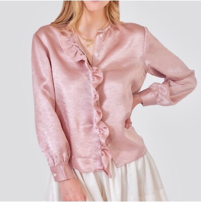 #ad NWT KOCH Pink Champagne Ruffled Crinkle Satin Long Sleeve Blouse Top Small