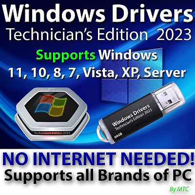 Windows Drivers Tech Edition 2023 for Win 11 10 8 7 Vista XP 64GB USB Drive