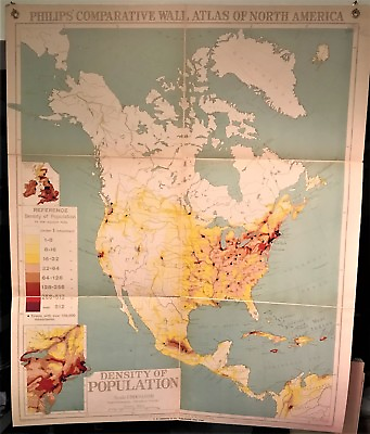 #ad Original 1921 Philips#x27; Comparative WALL Atlas NORTH AMERICA POPULATION Map