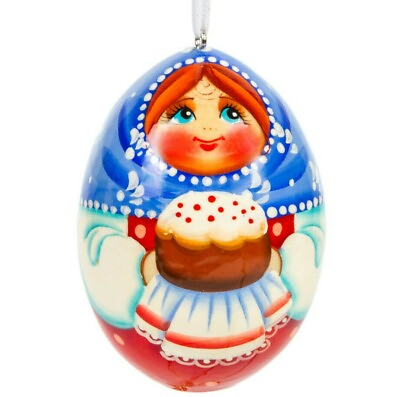 Girl With Kulich Wood Easter Egg Handmade in Russia 3x2 inches Paskha Decor