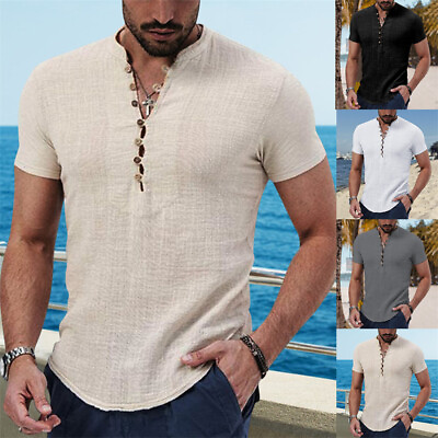 #ad Mens Casual Short Sleeve Loose Blouse Cotton Linen Shirt Button Down Shirts Tops