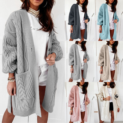 #ad Womens Chunky Knit Sweater Open Front Pocket Coat Long Cardigan Coat Tops Jacket