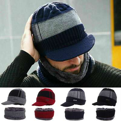 #ad Winter Men Warm Hat Knit Visor Beanie Fleece Lined Billed Beanie with Brim Caps