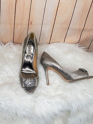#ad Badgley Mischka Lissa Jeweled Peep Toe Silver Leather Platform Heels Size 10M