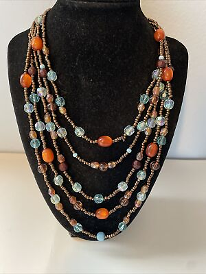 #ad Tribal Style Blue Bronze Tone Bead Layered Statement Necklace 19 inches