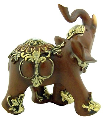 #ad Decorated Trumpeting Asian Elephant Gold Crystal Accent 4quot; Stone Figurine Statue