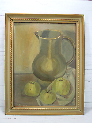 #ad Vintage Still Life Painting Pitcher Green Apples Signed Gold Frame 15 x 19 MCM