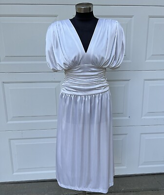 #ad Vintage 70s 80s Ruched Draped Deep V Neck Disco Dress White Silky Wet Look 5 6