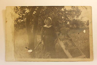 #ad #ad Postcard RPPC Woman And Children On Ladder In Front Of Tree T12