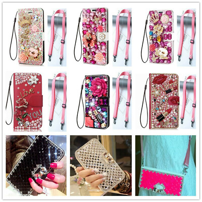 #ad Women Leather Bling Rhinestone Card Wallet Crossbody Phone Case For iPhone 15 14