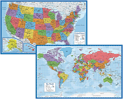 #ad Laminated World Map amp; US Map Poster Set 18quot; x 29quot; Wall Chart Maps of the amp;